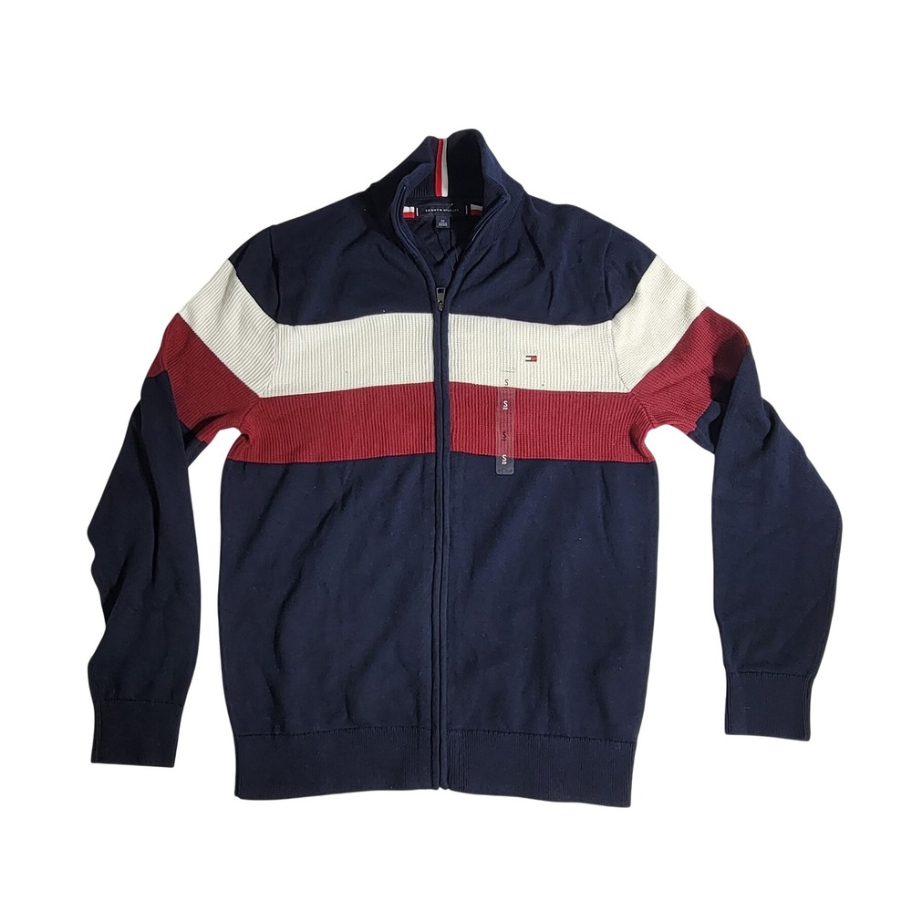 Tommy Hilfiger Mens Full Zip Sweater Navy Blue Red White Colorblock Size S NWT